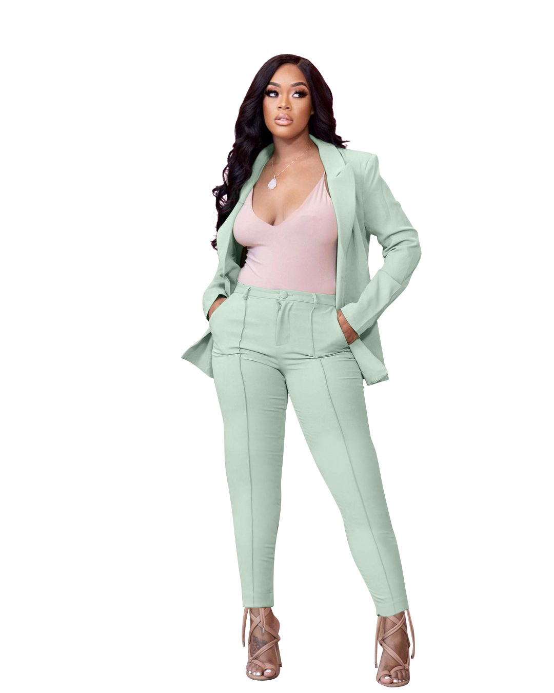 Women Pants Suits 2 Piece Outfit Deep V Neck Long Sleeve Solid Color Blazer with Pants Elegant Business Suit Sets
