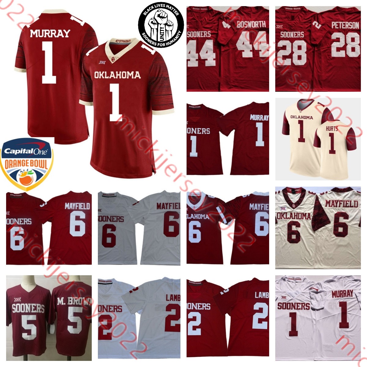 Mens Stitched Oklahoma Sooners college Football Jerseys 1 Kyler Murray Baker Mayfield Jalen Hurts CeeDee Lamb Marquise Brown Adrian Peterson Brian Bosworth Jersey