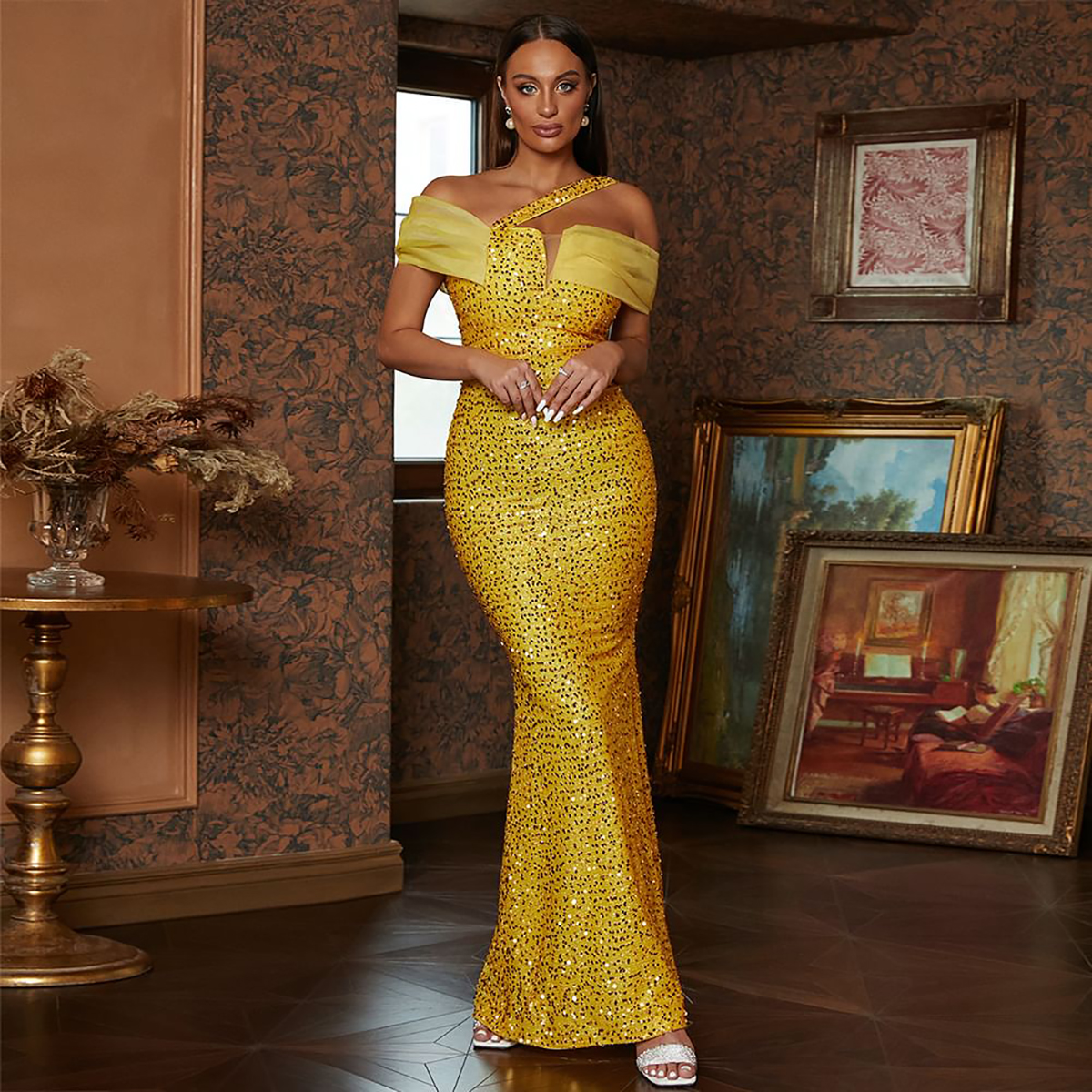 Exquisite Bright Yellow Prom Dresses Mermaid Sequined Party Dresses Off Shoulder Graceful Custom Made Evening Dress