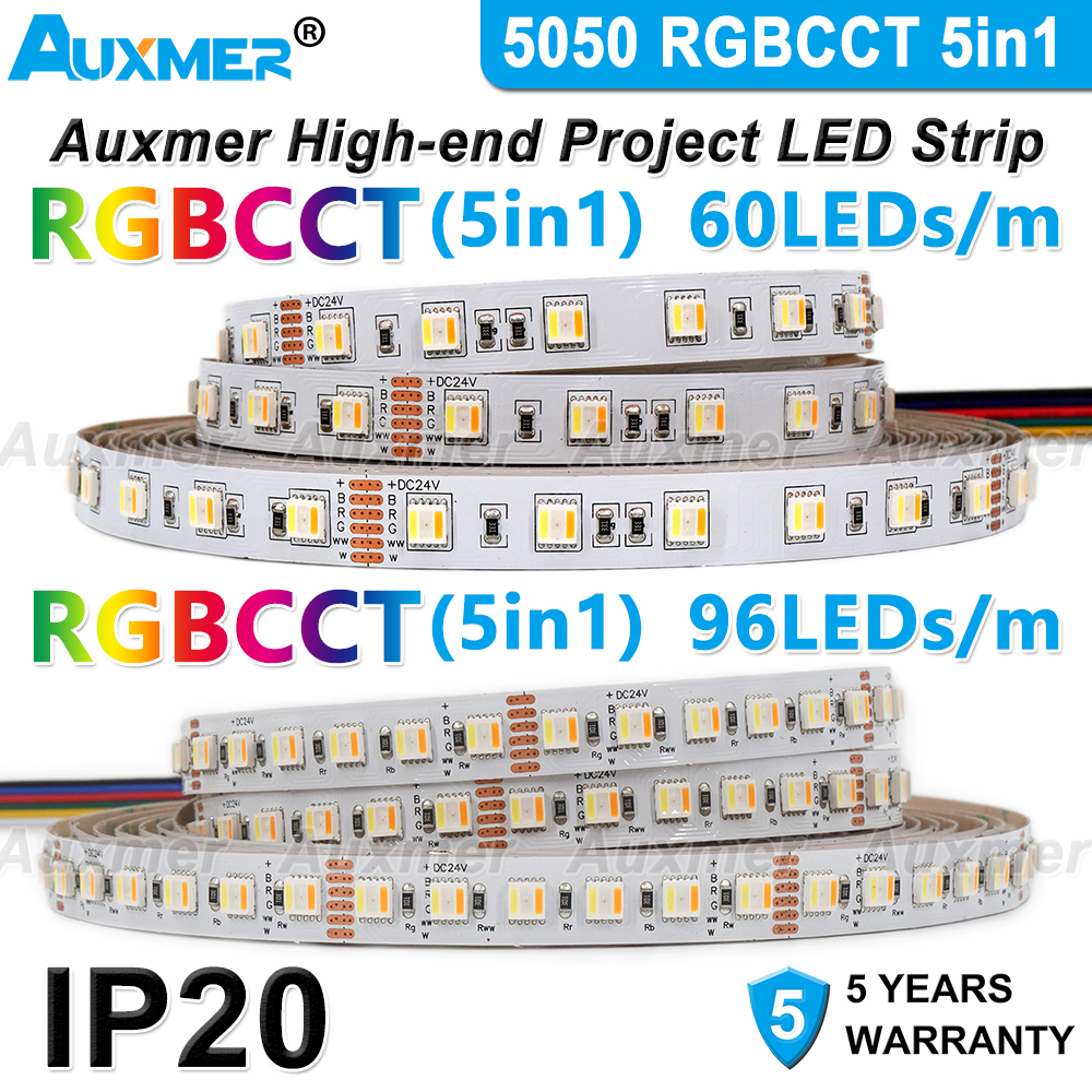 Auxmer 5050 RGBCCT LED Strip Lights 60 or 96LEDs/m 5in1 IP20 LED Strips CCT 2400K-6500K Adjustable temperature KTV DIY
Auxmer 5050 RGBCCT LED Strip Lights 60 or 96LEDs/m 5in1 IP20 LED Strips CCT 2400K-6500K Adjustable temperature KTV DIY