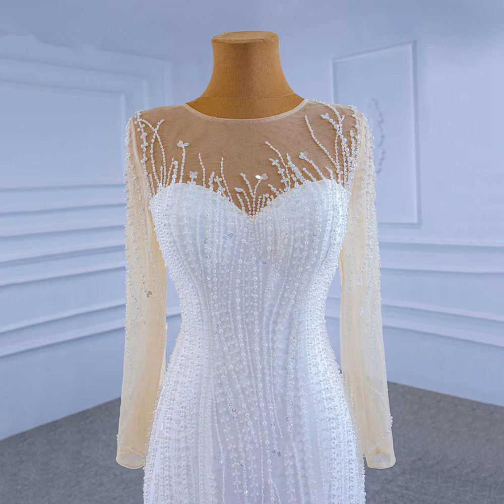 2in1 Mermaid Wedding Dresses with Detachable Train 2023 Illusion Long Sleeve Gillter Luxury Beaded Pearls Lace-up Bridal Gowns
