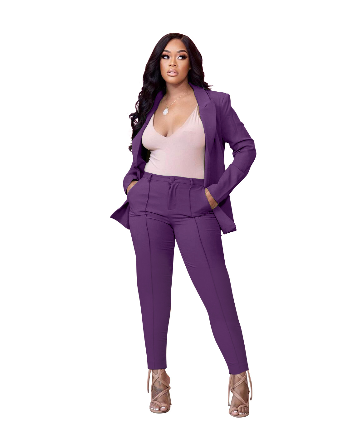 Women Pants Suits 2 Piece Outfit Deep V Neck Long Sleeve Solid Color Blazer with Pants Elegant Business Suit Sets