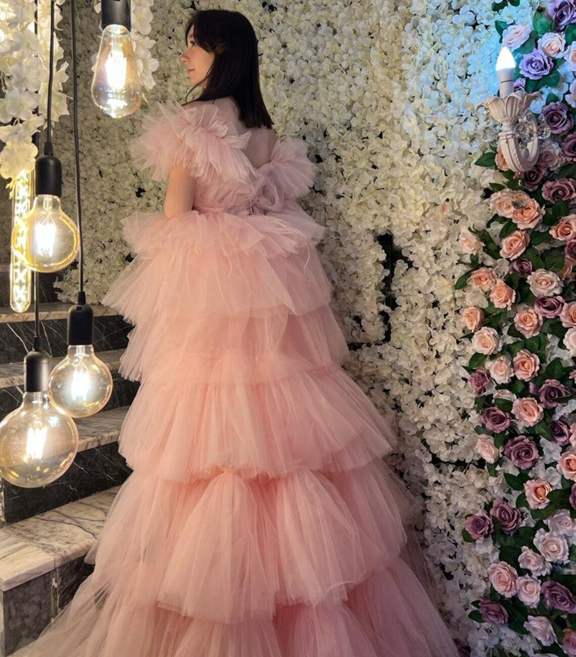 Luxury High Low Pink Evening Dress Cake Tiered Tulle A Line Boat Neck Cocktail Dresses Elegant Engagement Prom Dress Women Long Party Special Occasion