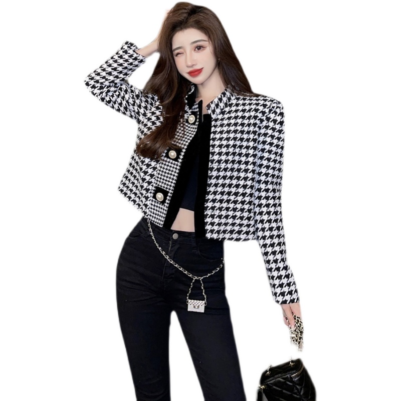 Womens stand collar houndstooth grid woolen long sleeve short jacket SMLXL