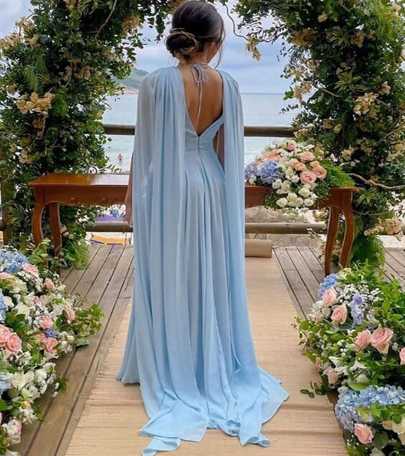 Elegant Blue Dubai Evening Dress With Cape Sleeves Sexy A Line Chiffon Arabic Israel Prom Dress 2023 Backless Formal Women Party Cocktail Occasion Lon