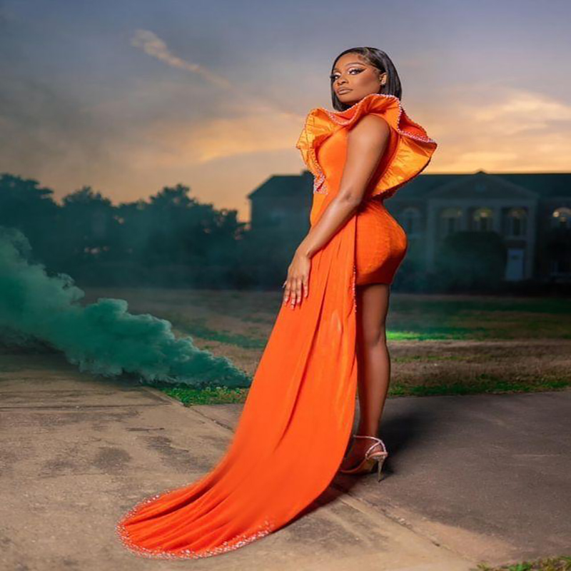 Plus Size Yellow Orange Evening Dress 2023 Short Velvet Black Girls Prom Dress With Train Bead Large African Cocktail Party Dreses Women Dinner Vestid