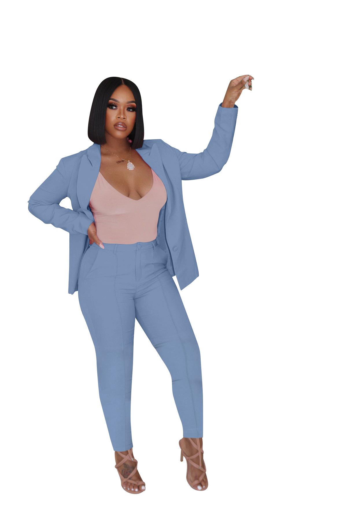 Women Pants Suits 2 Piece Outfit Deep V Neck Long Sleeve Solid Color Blazer with Pants Elegant Business Suit Sets