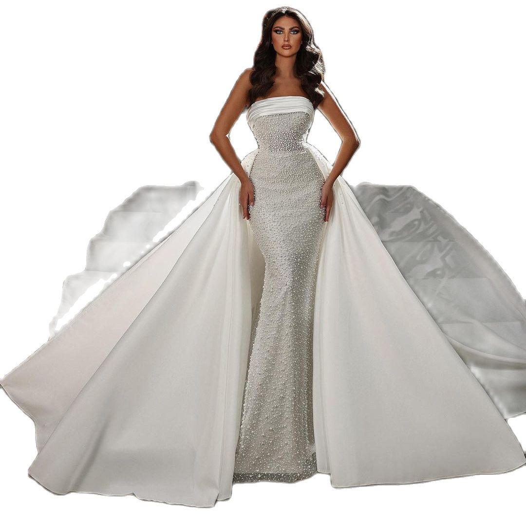 Full Beading Mermaid Wedding Dress Sexy Strapless Pearls Backless Bridal Gowns With Detachable Train