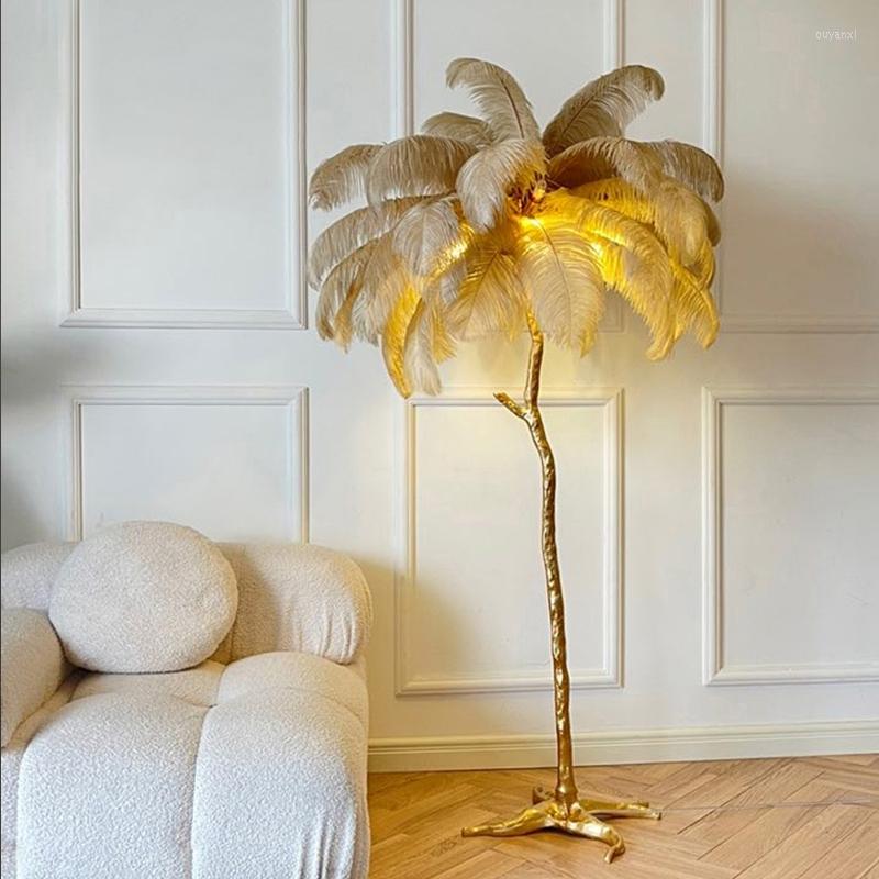 Lamps Floor Nordic Ostrich Feather Led Lamp Resin Copper Living Room Home Decor Standing Light Indoor Lighting Bedroom Bedside ing