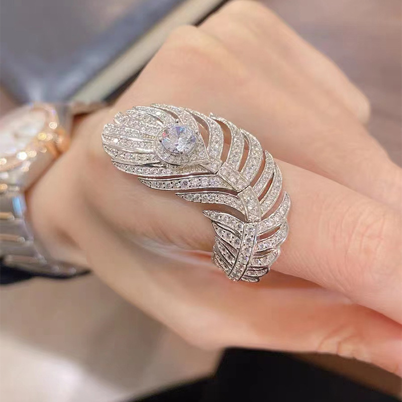 Ins Top Sell Wedding Rings Luxury Jewelry 925 Sterling Silver Pave White Sapphire CZ Diamond Gemstones Eternity Feather Open Adjustable Ring for Lover