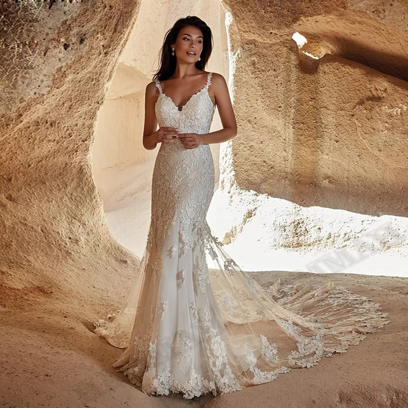 Elegant Wedding Dress Mermaid Spaghetti Straps Backless Bride Vestido Lace Appliques Sleeveless Custom Made