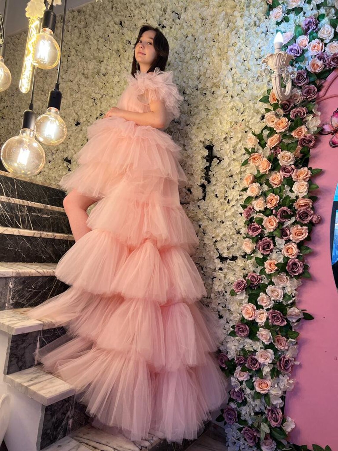 Luxury High Low Pink Evening Dress Cake Tiered Tulle A Line Boat Neck Cocktail Dresses Elegant Engagement Prom Dress Women Long Party Special Occasion