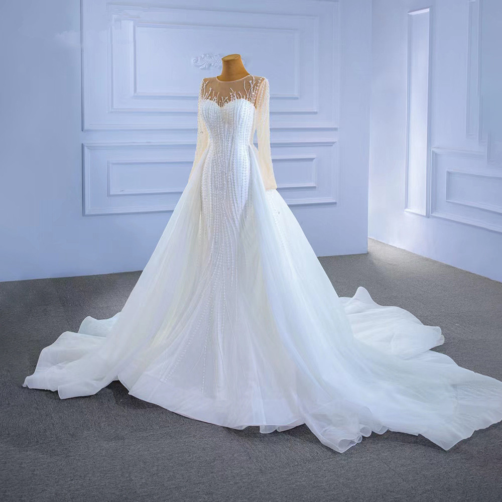 2in1 Mermaid Wedding Dresses with Detachable Train 2023 Illusion Long Sleeve Gillter Luxury Beaded Pearls Lace-up Bridal Gowns