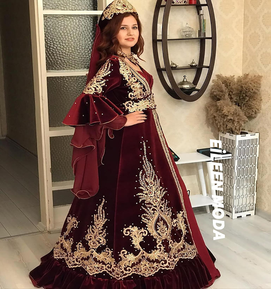 Luxury Kaftan Abaya Burgudy Moroccan Evening Dress 2023 Puff Sleeve Velvet Pearl Bead Lace Muslim Prom Gown Turish Israel Women Formal Party Engagemen
