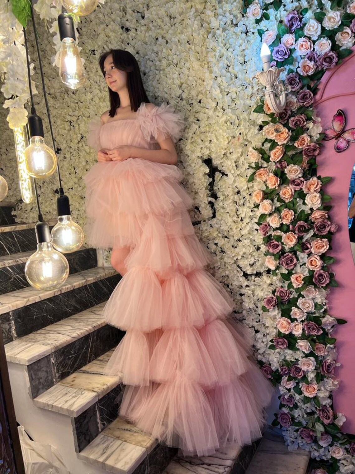 Luxury High Low Pink Evening Dress Cake Tiered Tulle A Line Boat Neck Cocktail Dresses Elegant Engagement Prom Dress Women Long Party Special Occasion