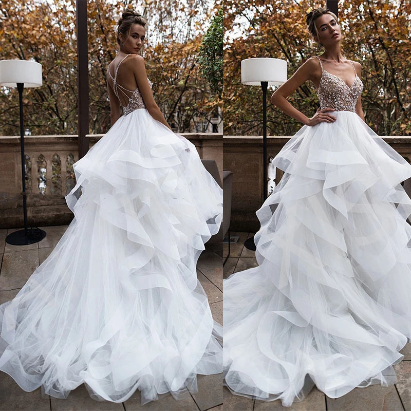 2022 Wedding Dress Sexy Spaghetti Straps Sparkling Beading Rhinestones Tulle A Line Bridal Gowns Cascading Ruffles