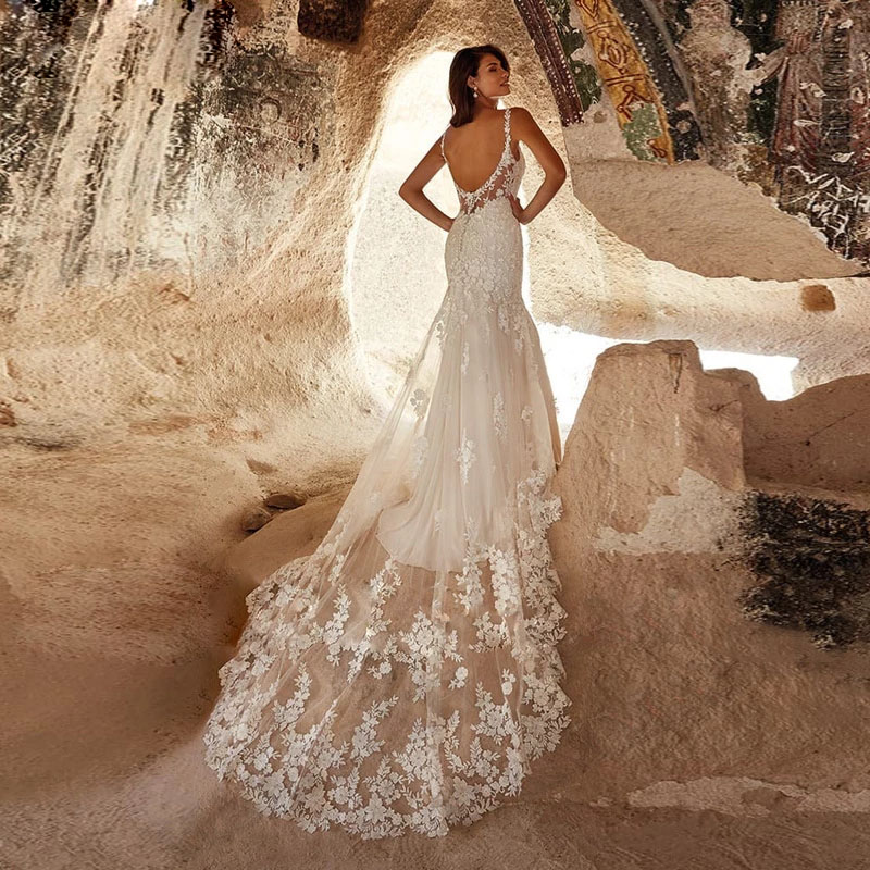 Elegant Wedding Dress Mermaid Spaghetti Straps Backless Bride Vestido Lace Appliques Sleeveless Custom Made