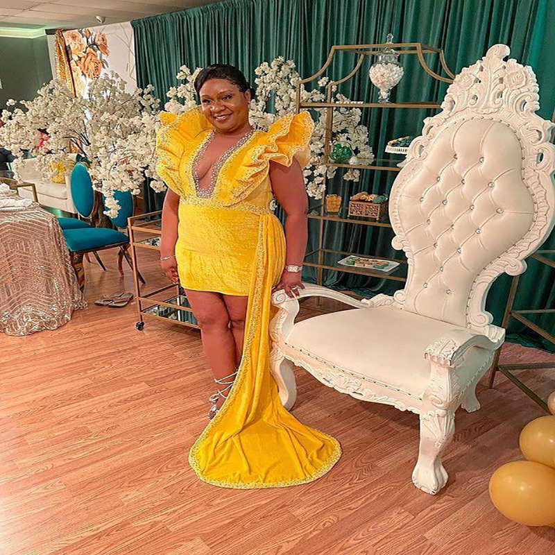 Plus Size Yellow Orange Evening Dress 2023 Short Velvet Black Girls Prom Dress With Train Bead Large African Cocktail Party Dreses Women Dinner Vestid