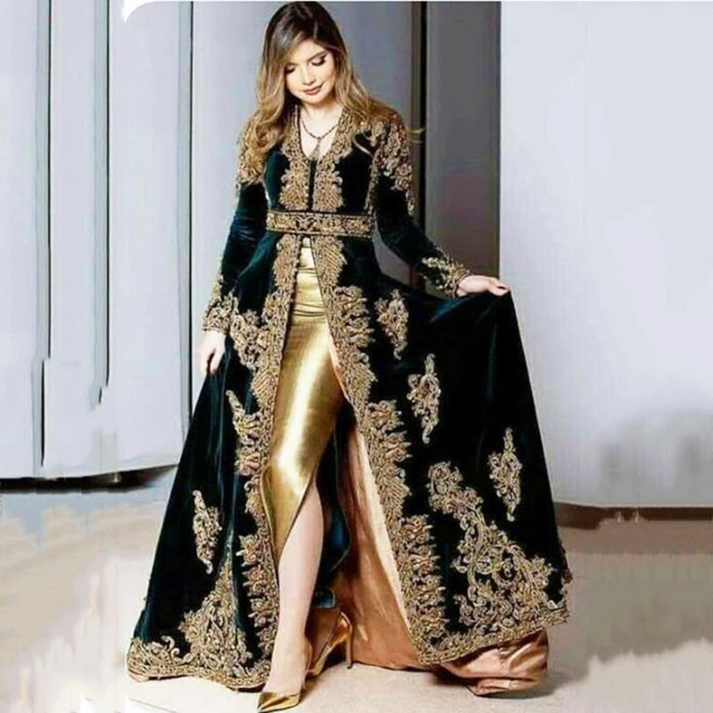 Luxury Green Velvet Evening Dress Dubai 2023 Long Sleeve Gold Lace Prom Dresses Morrocan Kaftan Muslim Party V Neck Arabic Caftan Abaya Formal Dress A