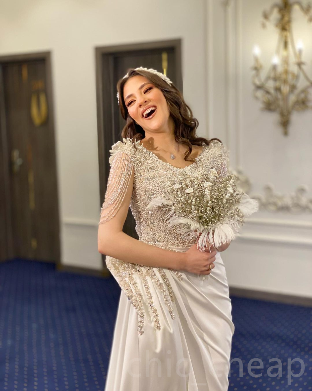 2023 Arabic Aso Ebi Mermaid Luxurious Wedding Dress Beaded Pearls Sequins Satin Bridal Gowns Dresses ZJ755