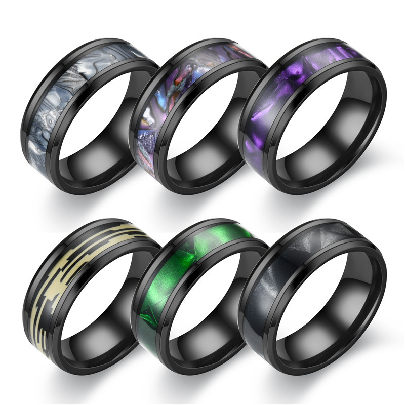 Stainless Steel Black Purple Shell Band Rings Vintage Charms Bling Wedding Engagement Finger Ring Jewelry Party Punk Gifts for Women and Men