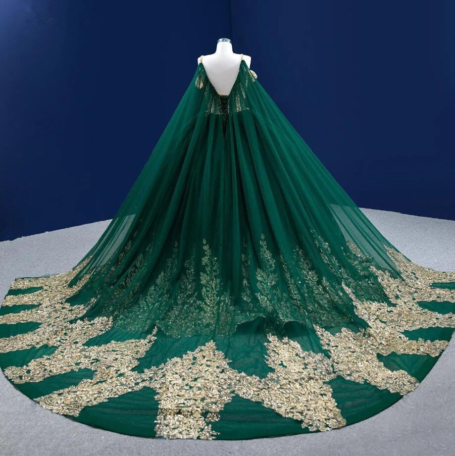 Hunter Green Princess Quinceanera Dresses with Wrap Cape 2023 Gold Detail Pearls Applique Lace-up Corset Prom Sweet 15 Gowns