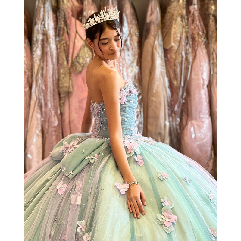 New Princess Ball Gowns Quinceanera Dresses 3D Flowers Strapless Beads Sweet 16 Dress Birthday Prom Dress Vestido De 15 Anos