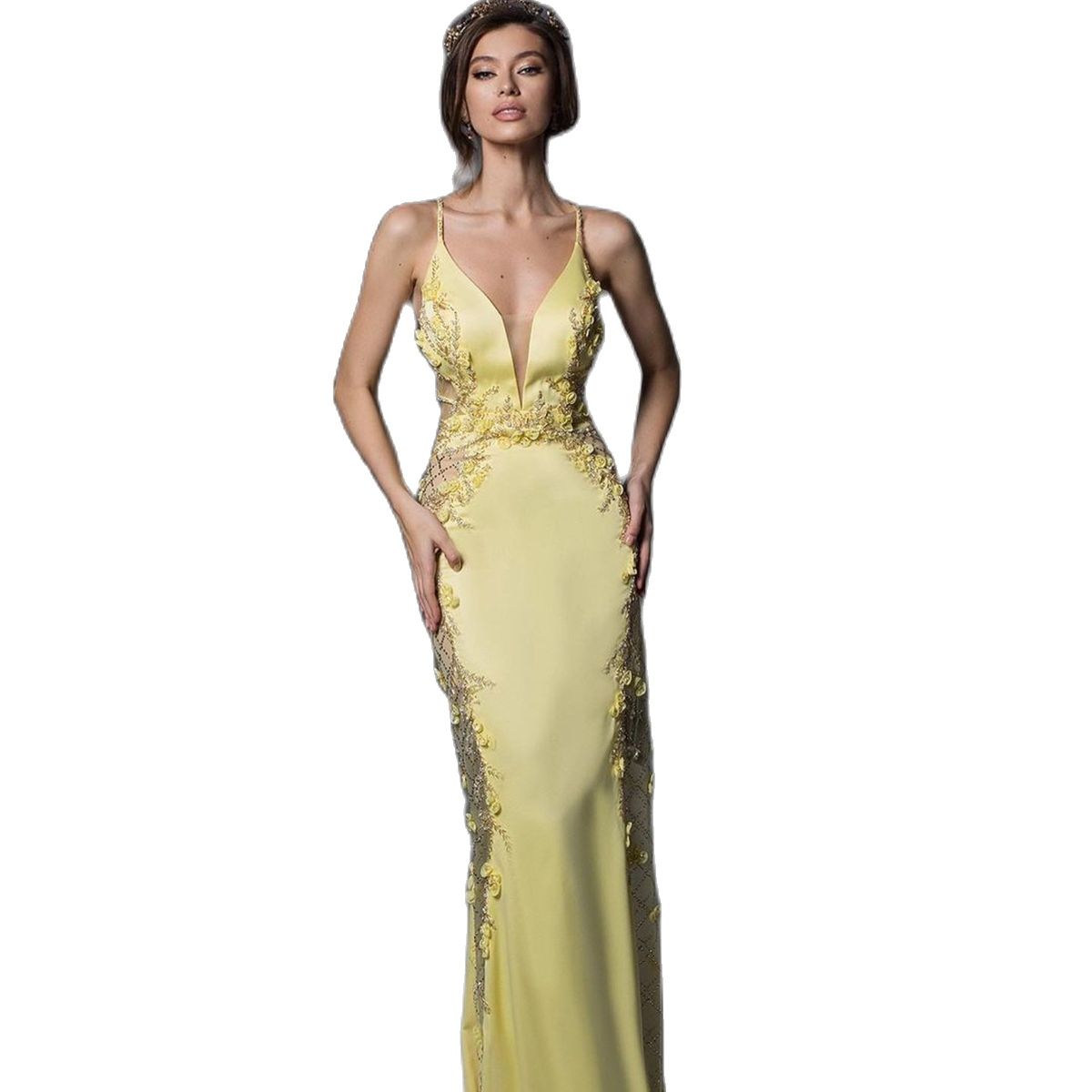 Elegant Spaghetti Straps Mermaid Evening Dresses Simple V Neck 3D Applique Prom Dress Floor Length Formal Party Gowns