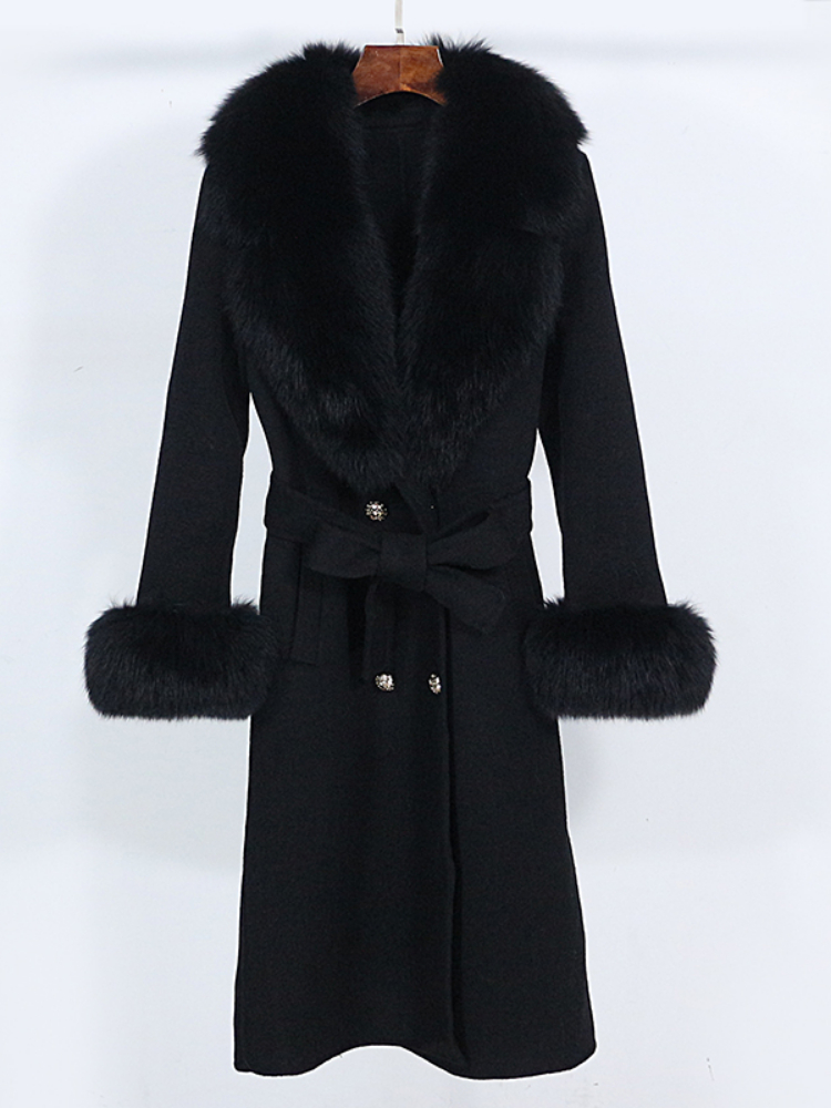 OFTBUY Real Big Fur Coat Winter Jacket Women Natural Fox Fur Collar Cashmere Wool Blends Long Outerwear Ladies Streetwear