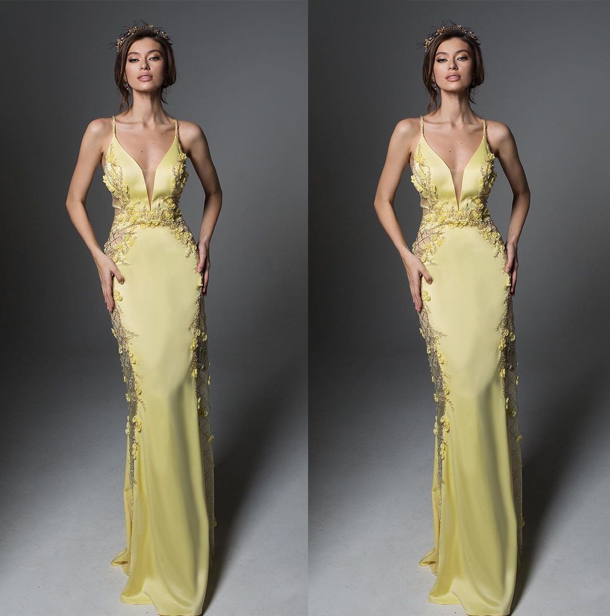 Graceful Spaghetti Straps Prom Dresses Mermaid Lace Appliques Party DressesFlowers V Neck Custom Made Evening Dress