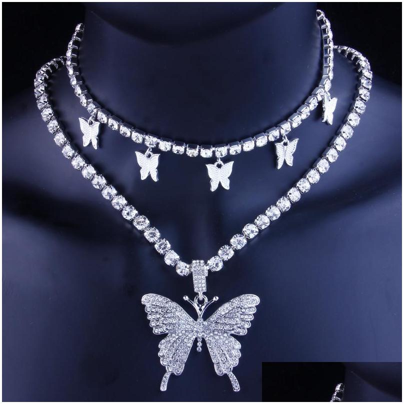 Pendant Necklaces Statment Big Butterfly Necklace Hip Hop Iced Out Rhinestone Chain For Women Bling Tennis Crystal Animal Choker Jew Dh23O