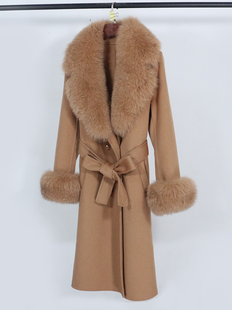 OFTBUY Real Big Fur Coat Winter Jacket Women Natural Fox Fur Collar Cashmere Wool Blends Long Outerwear Ladies Streetwear