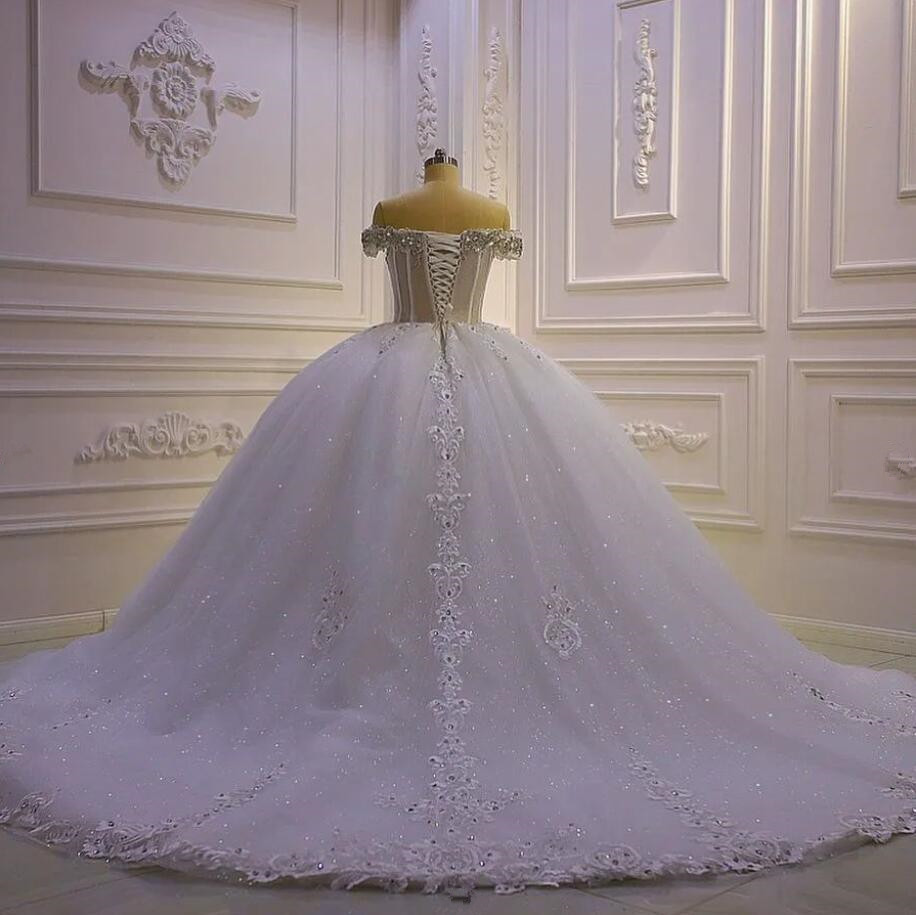 Luxury Princess Arabic a-line Wedding Dresses 2023 Off Shoulder Gillter Beaded Crystal Applique Lace-up Corset Bridal Gown Robes