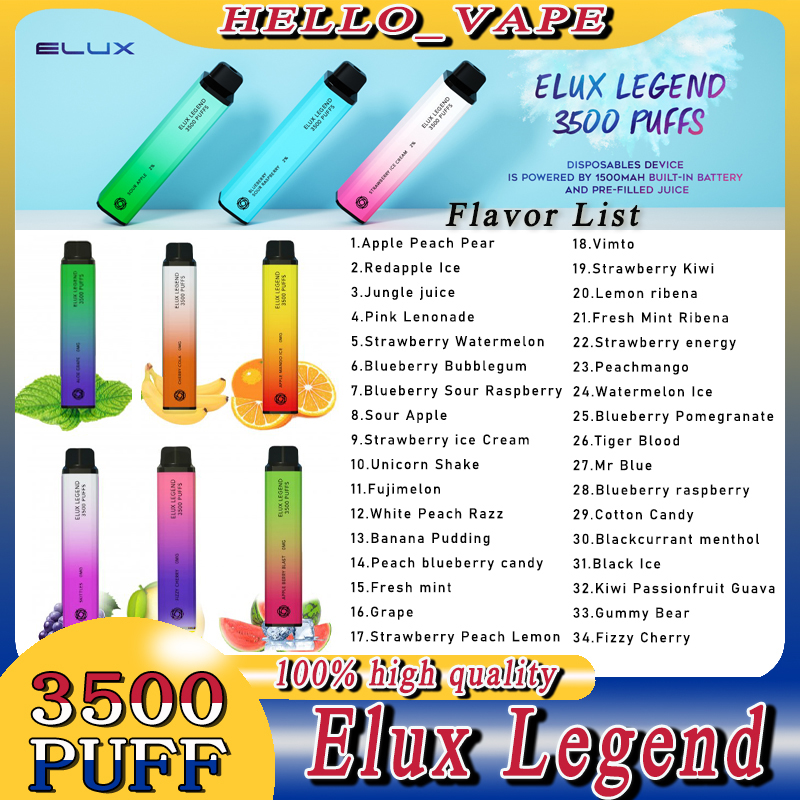 Elux Legend 3500 Puffs Disposable Vapes Bar Elux Legends Pro Electronic Cigarettes Puff Vape Pen 1500mAh Battery Vaporizer Stick Vapor Kit 2% 10ml Pre Filled
Elux Legend 3500 Puffs Disposable Vapes Bar Elux Legends Pro Electronic Cigarettes Puff Vape Pen 1500mAh Battery Vaporizer Stick Vapor Kit 2% 10ml Pre Filled