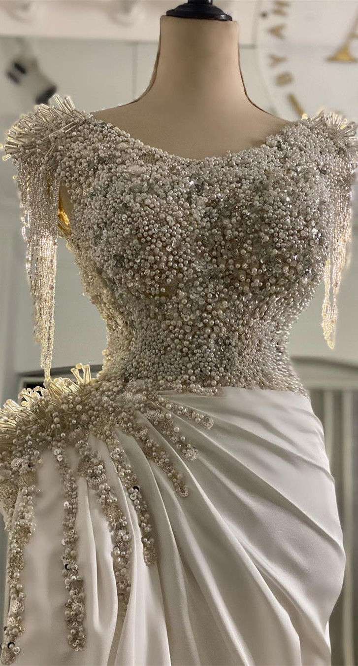 2023 Arabic Aso Ebi Mermaid Luxurious Wedding Dress Beaded Pearls Sequins Satin Bridal Gowns Dresses ZJ755