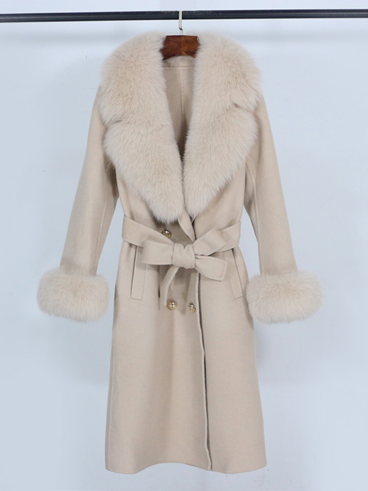 OFTBUY Real Big Fur Coat Winter Jacket Women Natural Fox Fur Collar Cashmere Wool Blends Long Outerwear Ladies Streetwear