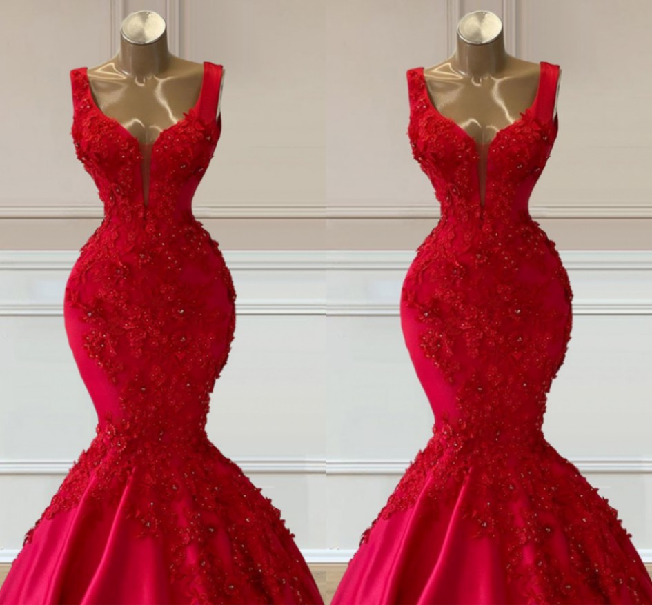 Red Wedding Dress Mermaid Flowers Beading Bridal Gowns Sleeveless Engagement Dresses For Women Robe De Mariage Vestido de Novia 2023