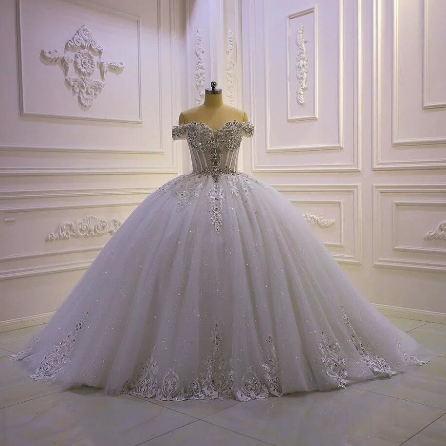 Luxury Princess Arabic a-line Wedding Dresses 2023 Off Shoulder Gillter Beaded Crystal Applique Lace-up Corset Bridal Gown Robes