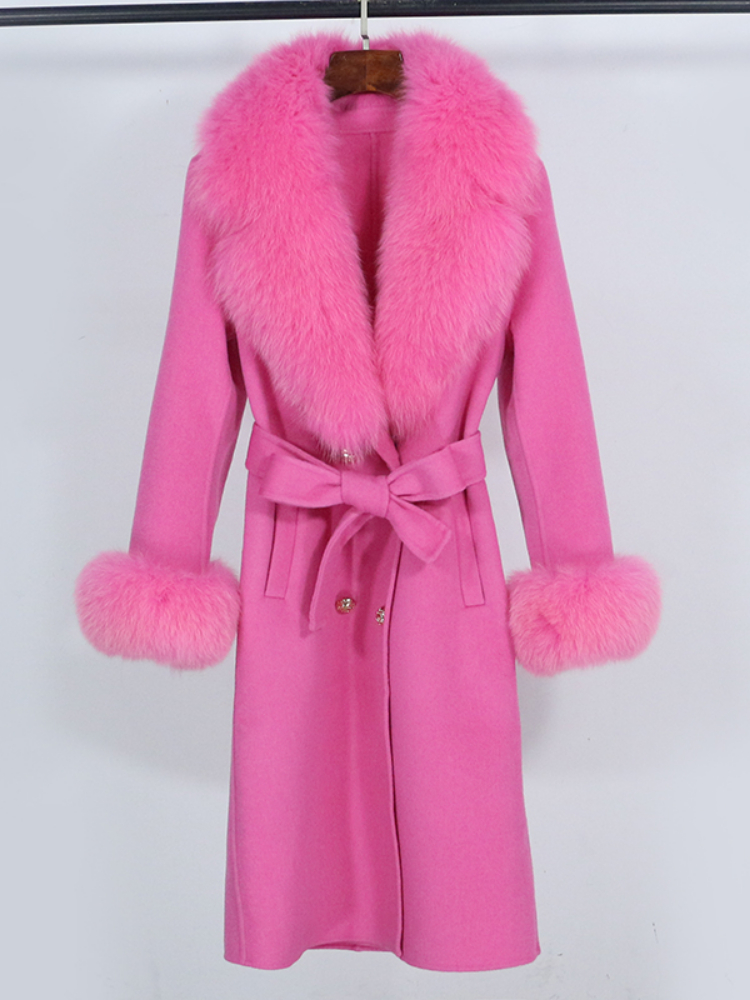 OFTBUY Real Big Fur Coat Winter Jacket Women Natural Fox Fur Collar Cashmere Wool Blends Long Outerwear Ladies Streetwear