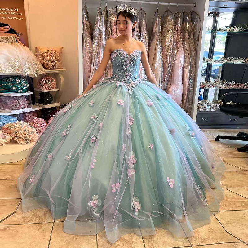 New Princess Ball Gowns Quinceanera Dresses 3D Flowers Strapless Beads Sweet 16 Dress Birthday Prom Dress Vestido De 15 Anos