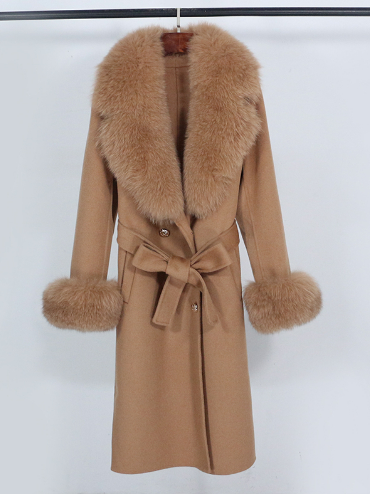 OFTBUY Real Big Fur Coat Winter Jacket Women Natural Fox Fur Collar Cashmere Wool Blends Long Outerwear Ladies Streetwear