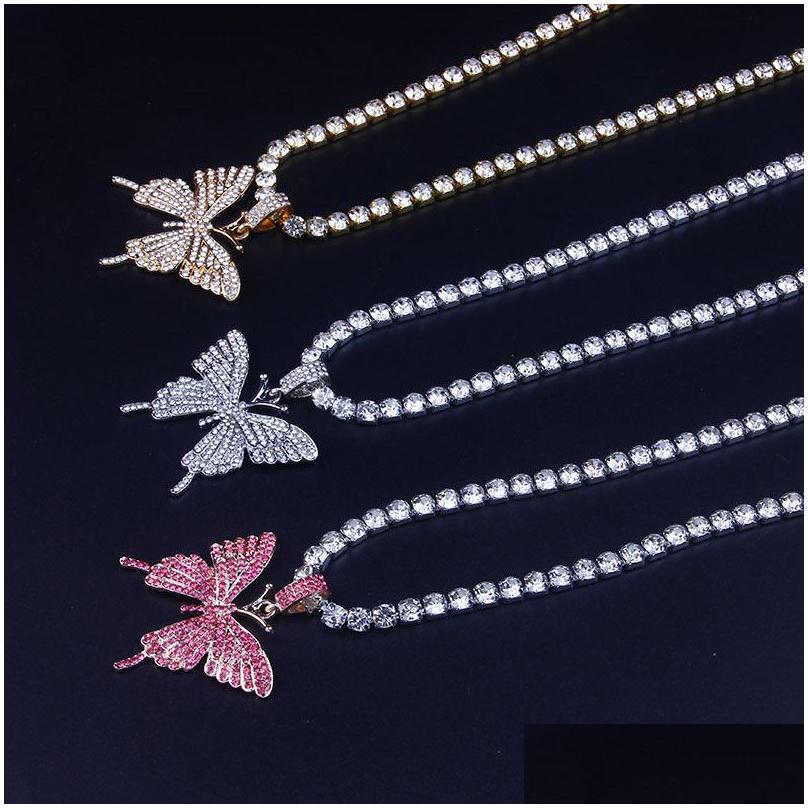 Pendant Necklaces Statment Big Butterfly Necklace Hip Hop Iced Out Rhinestone Chain For Women Bling Tennis Crystal Animal Choker Jew Dh23O