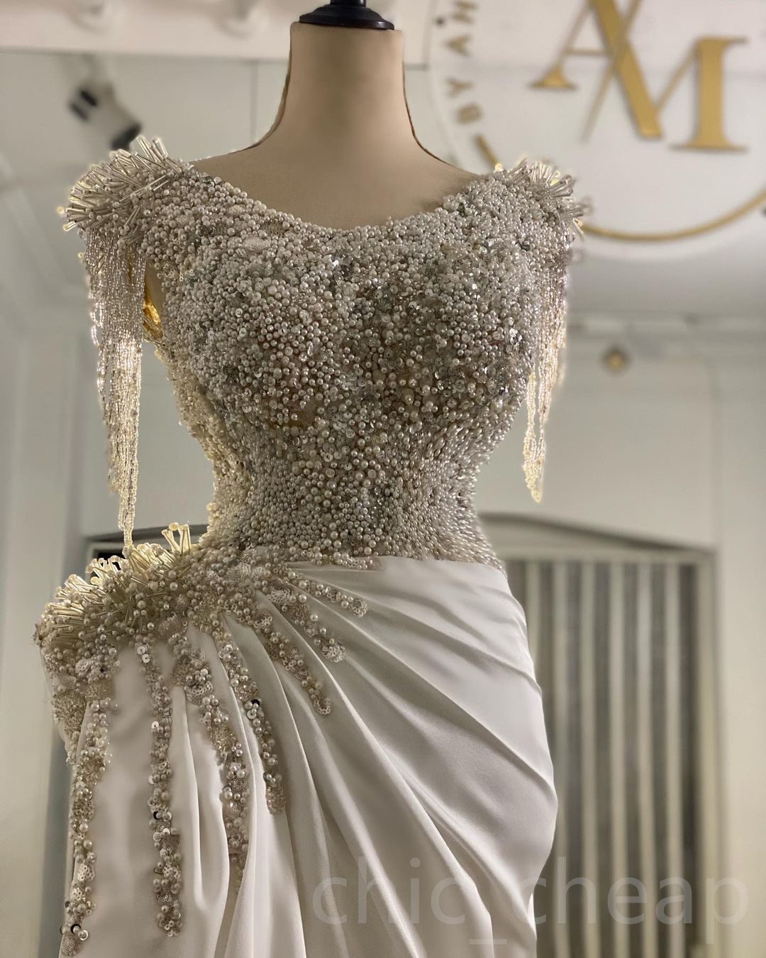 2023 Arabic Aso Ebi Mermaid Luxurious Wedding Dress Beaded Pearls Sequins Satin Bridal Gowns Dresses ZJ755