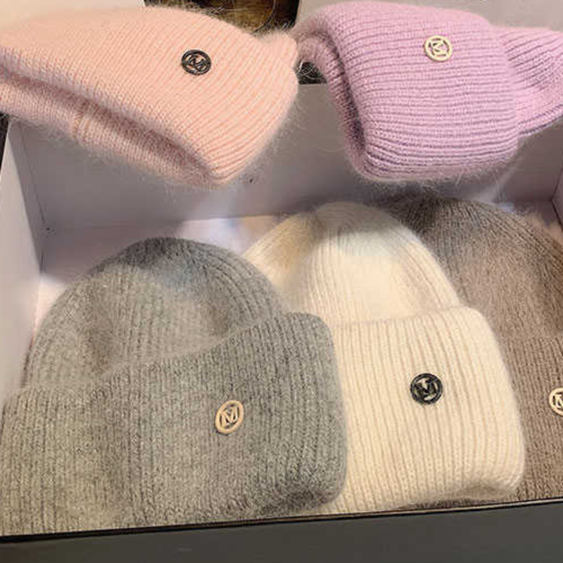 USPOP Women's Hats Winter Thick Warm Knitted Hats Solid Color Letter M Soft Rabbit Hair Skullies Beanies 211012
