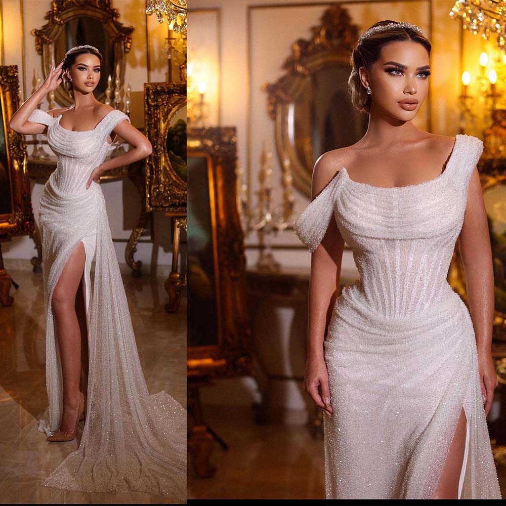Bling Princess Mermaid Wedding Dress Sparkly Off Shoulder Short Sleeve Bridal Sequins Custom Made Robes