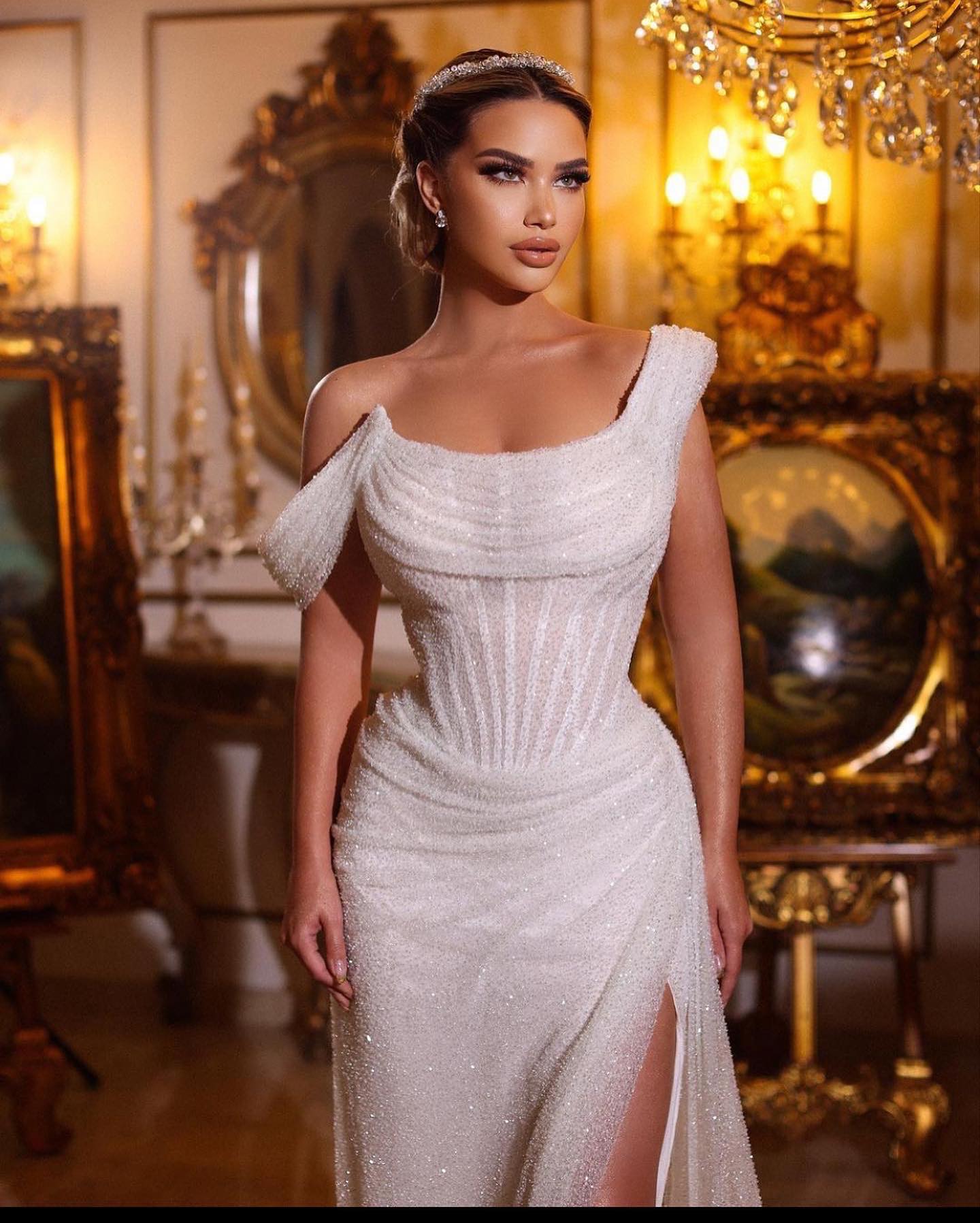Bling Princess Mermaid Wedding Dress Sparkly Off Shoulder Short Sleeve Bridal Sequins Custom Made Robes
