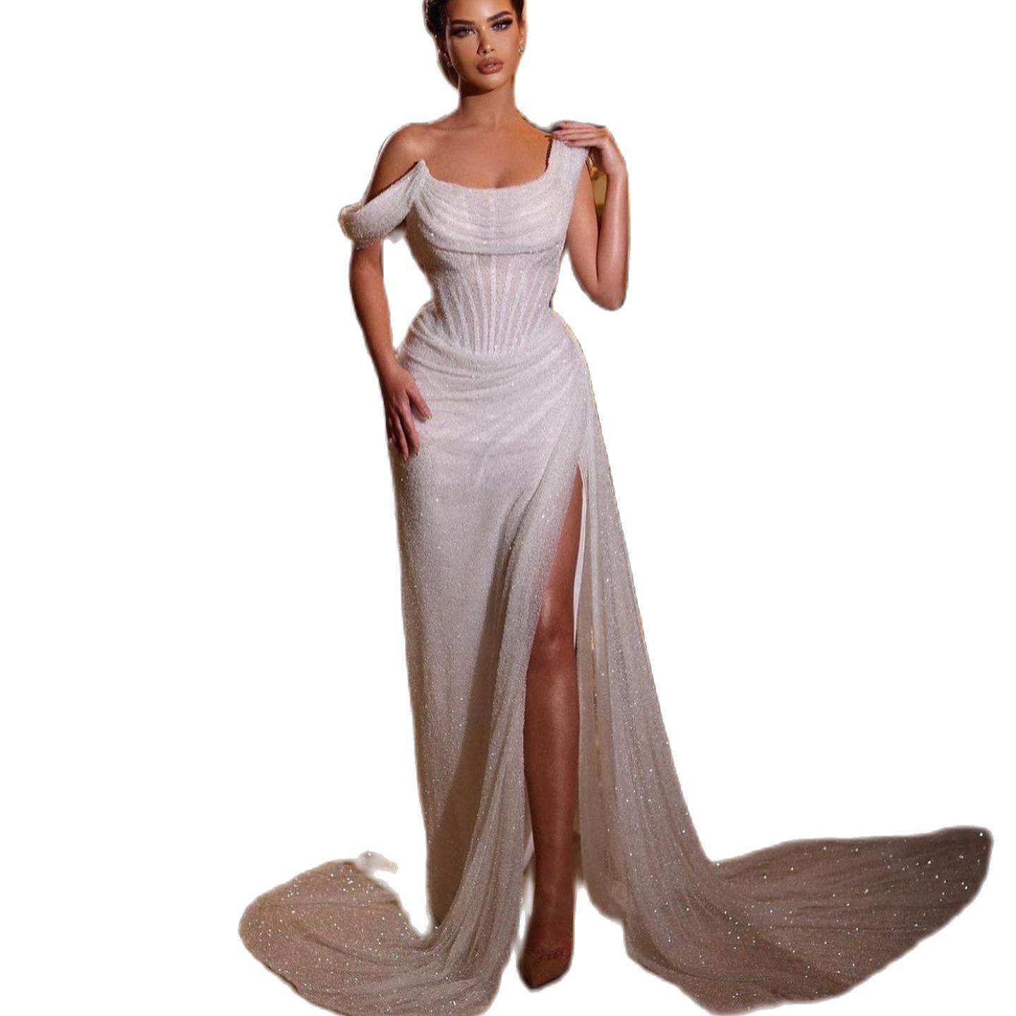 Bling Princess Mermaid Wedding Dress Sparkly Off Shoulder Short Sleeve Bridal Sequins Custom Made Robes