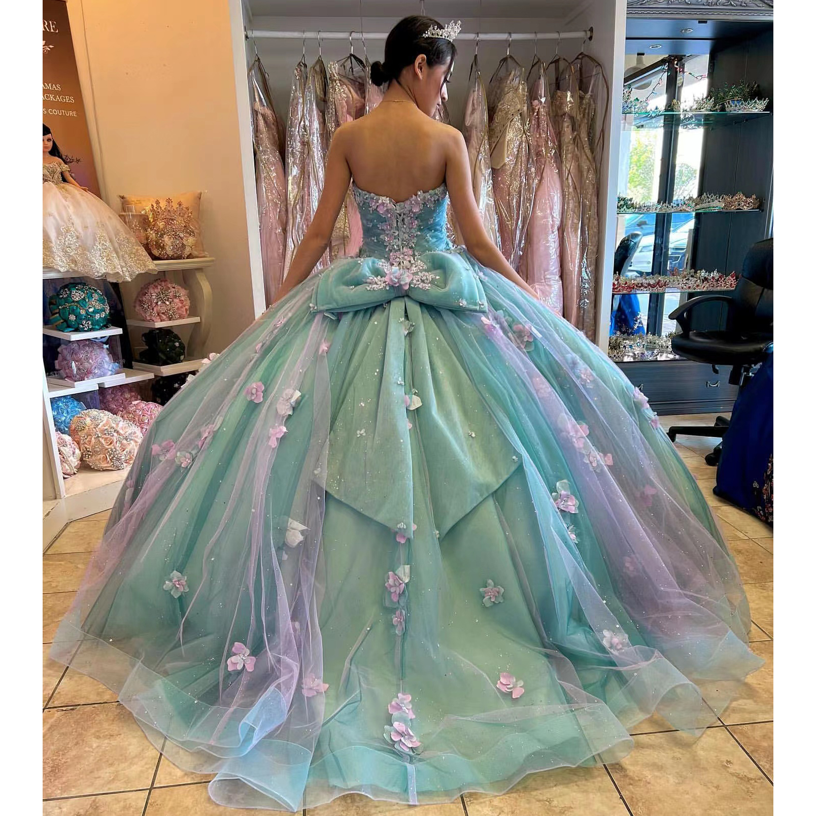 New Princess Ball Gowns Quinceanera Dresses 3D Flowers Strapless Beads Sweet 16 Dress Birthday Prom Dress Vestido De 15 Anos