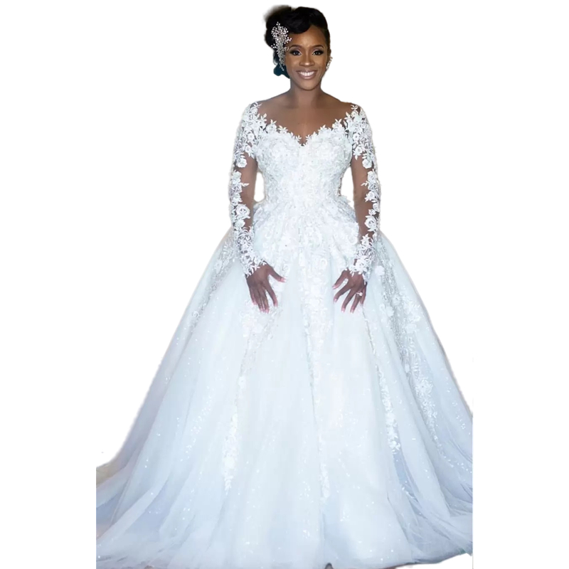 Charming African Floral Lace Appliquéd Ivory Wedding Dress for Bride with Beads & Long Sleeves  Ethereal Chapel Trail Veil
