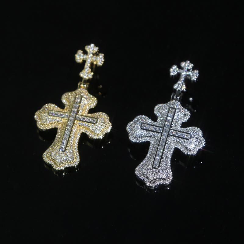 Hip Pop Iced Out Bling Cz Cross Pendant Necklace Full Paved Cubic Zircon Gold Color Neck Chain Accessories Men Jewelry